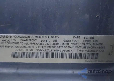 2009 Volkswagen Jetta 2.5L S from USA, damaged, VIN 3VWKZ71K39M295397